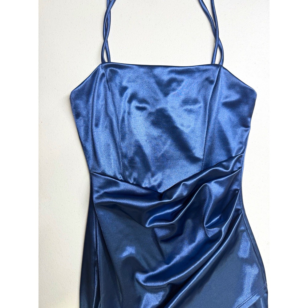 Windsor Blue Satin Ruched Square Neck Spaghetti Strap Mini Dress S